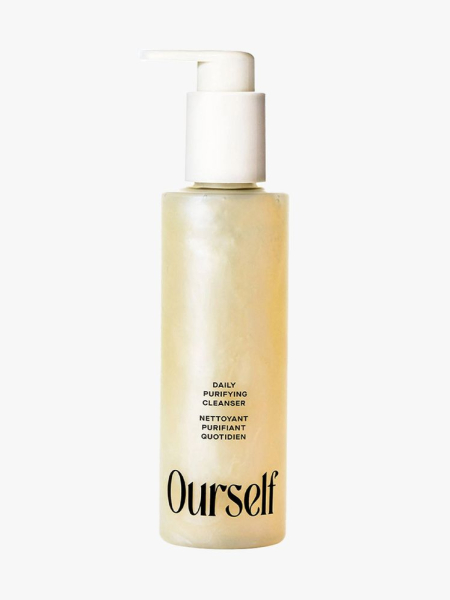 Ourself Daily Purifying Cleanser bottle of pale yellow facial cleanser with white pump cap on light gray background