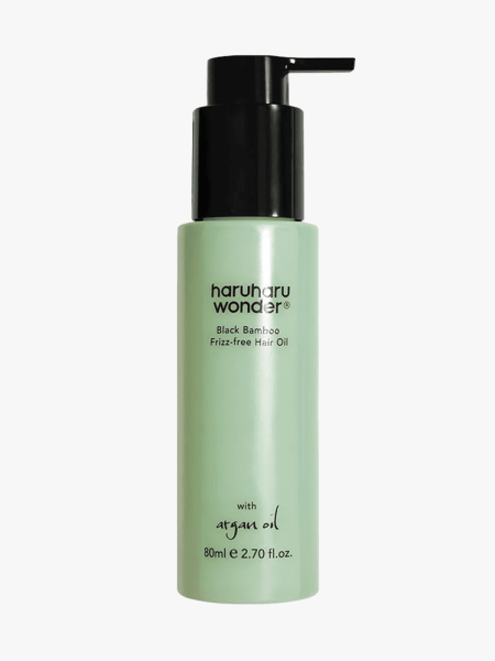 HaruHaru Black Bamboo Frizz-Free Hair Oil in branded component on a light gray background
