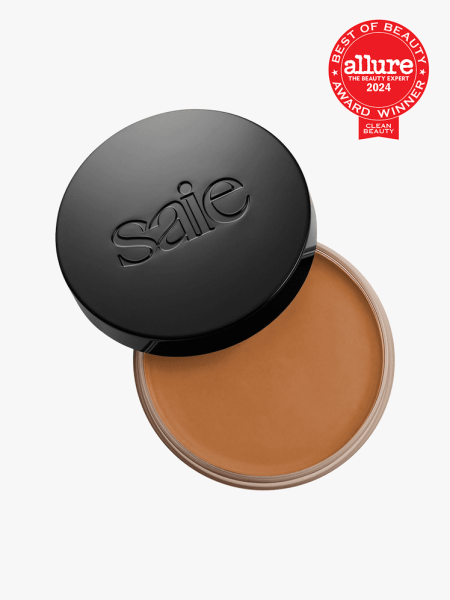 Saie  Sun Melt Natural Cream Bronzer on a grey background with Allure Best of Beauty award winning badge