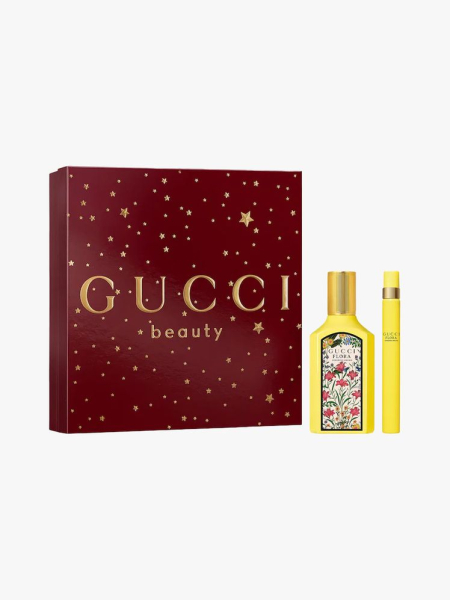 Gucci Flora Gorgeous Orchid Eau de Parfum Intense Duo Gift Set in branded components on a light gray background
